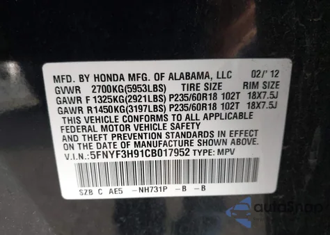 2012 Honda Pilot Touring z USA, uszkodzony, nr VIN 5FNYF3H91CB017952